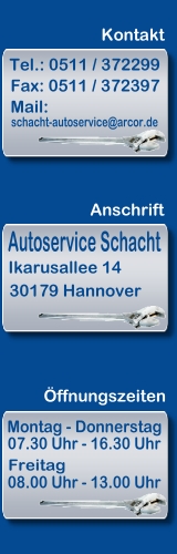 Günstige Autowerkstatt in Hannover. Die freie Kfz-Werkstatt |Autoservice Schacht| aus Hannover, bietet günstige und zuverlässige Reparaturen nahezu aller Marken. Inspektionen, Bremsendienst, Unfallinstandsetzung und mehr.